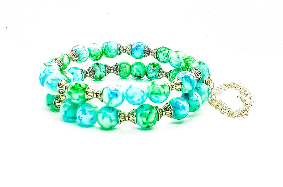 Short Stacked Blue Green Glass beads with Silver Spacers